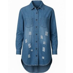 Distressed Thrill Jeans Denim Shirt 2X High-Low Hem 90s/2000s Y2K Lagenlook